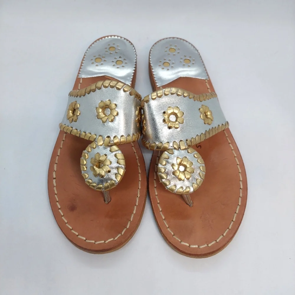Jack Rogers Women's Sandals Silver Gold Leather Flat Thong Shoes Size 6 Boho
